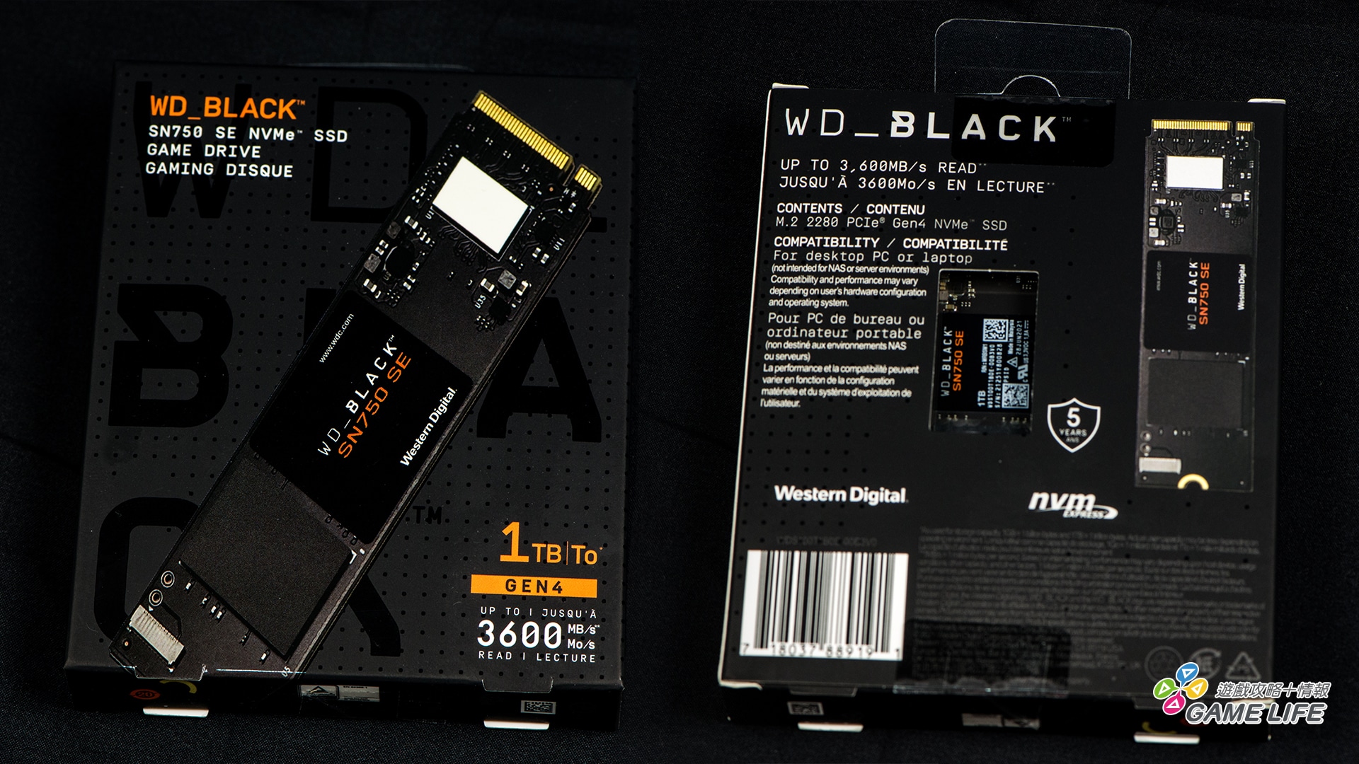 WD_BLACK-SN750-SE 產品包裝，背後還有著名 5 年保固