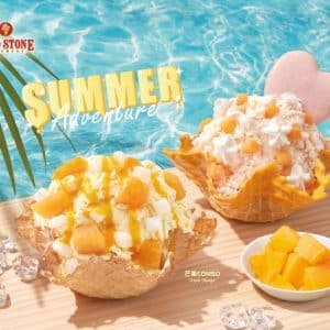 圖片五酷聖石聯名《怪物彈珠》「芒果Combo」圖左，「戀戀哈密瓜」搭配「哈密瓜風味沾醬脆餅」圖右