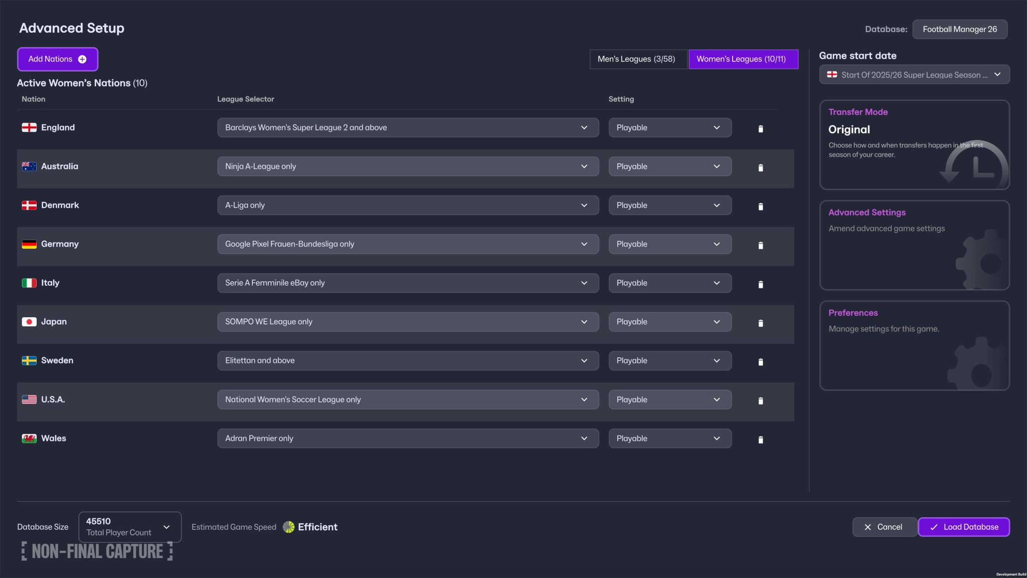Womens Advanced Setup Screen