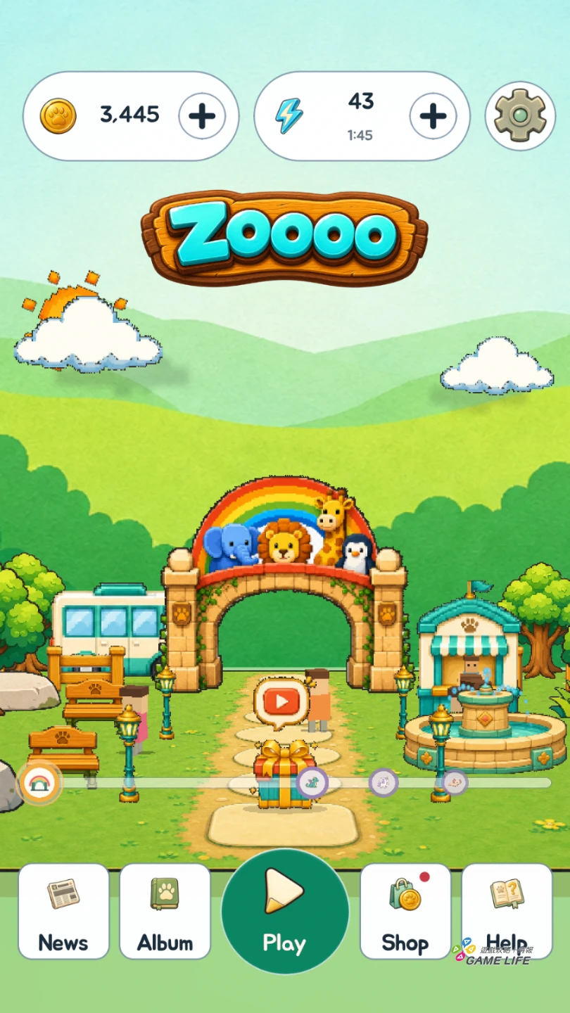 Zoooo 遊戲主畫面，以動物園入口呈現相簿、遊玩與商店選單